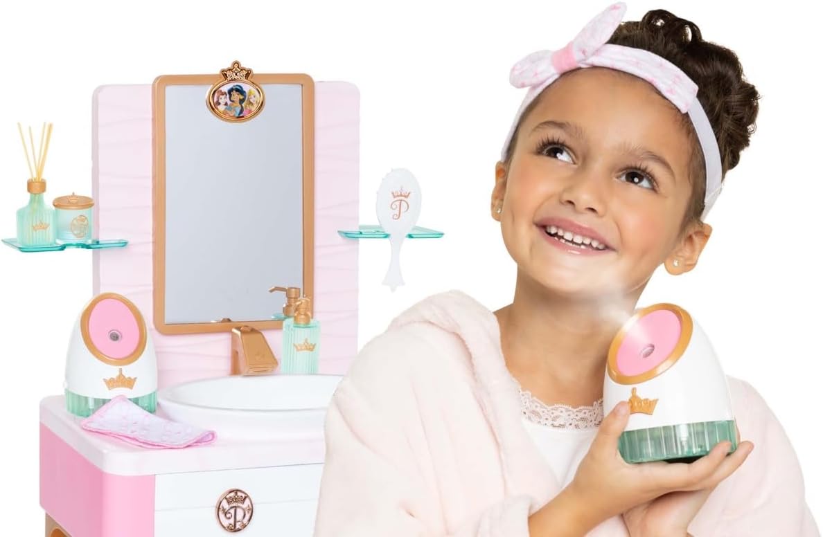 Conjunto infantil de casa de banho rosa e branco com espelho e menina segurando dispositivo