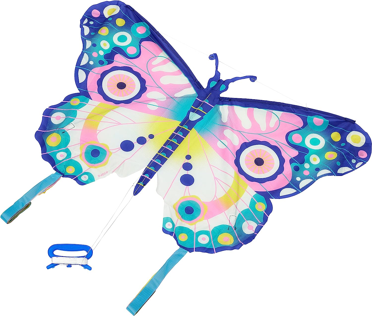 Pipa borboleta colorida com padrão azul, rosa, amarelo e verde