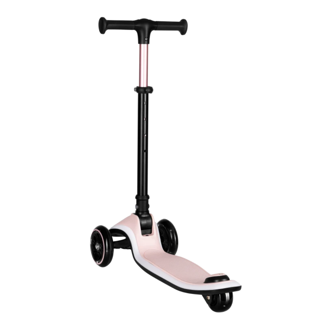 Trotinete infantil rosa claro e preto com três rodas e guiador ajustável