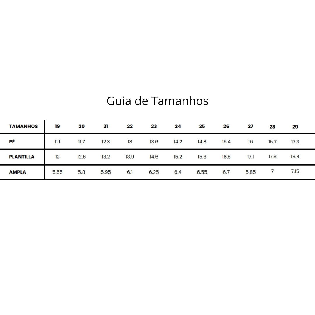 Guia de tamanhos para pé, plantilla e ampla em tabela com números de 19 a 29.