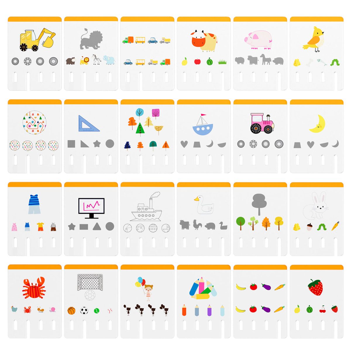 Cartões ilustrados com animais, veículos, formas e frutas em fundo branco com barra laranja.