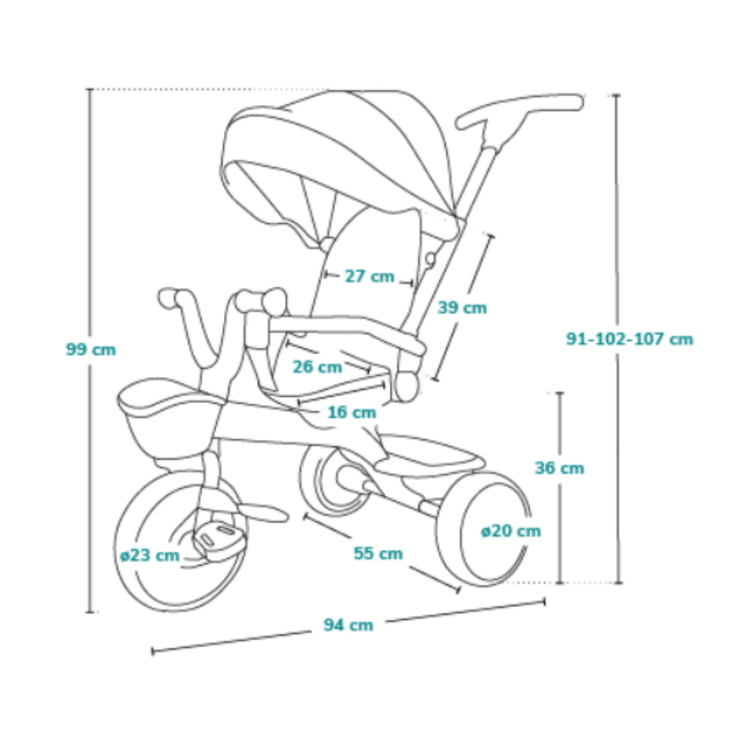 Desenho técnico de triciclo infantil com guarda-sol e medidas