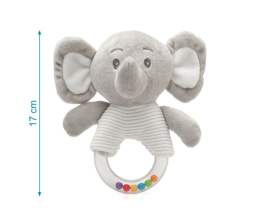 Brinquedo para bebé em forma de elefante cinzento com anel transparente e bolas coloridas