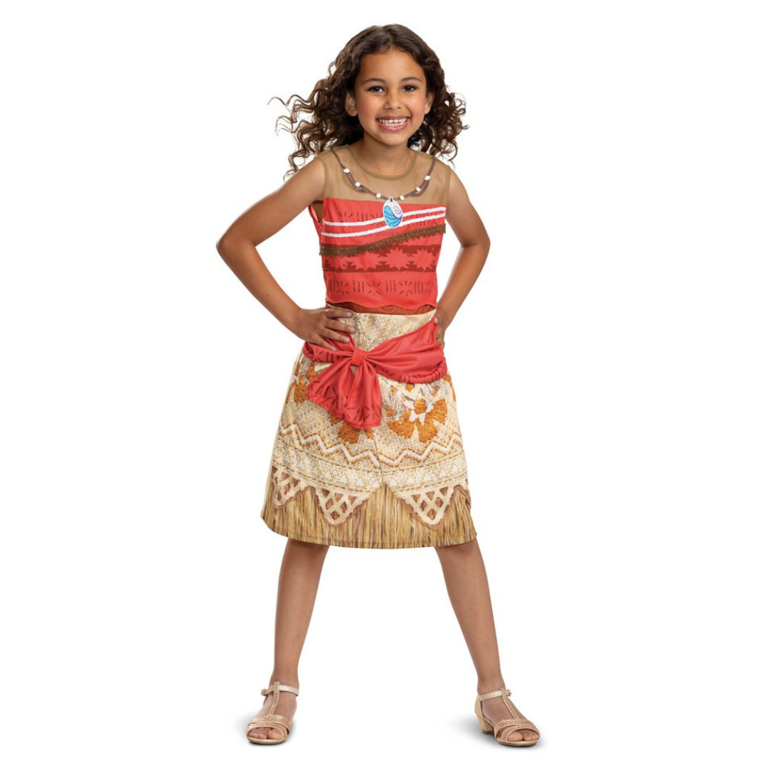 Vestido de criança inspirado na personagem Moana em branco, vermelho e castanho