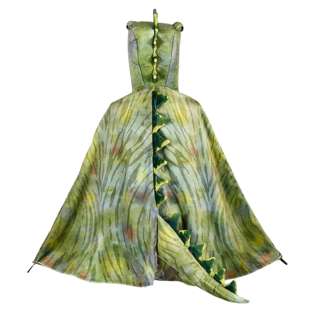 Capa verde de criança com padrão de dinossauro e cauda com protuberâncias.