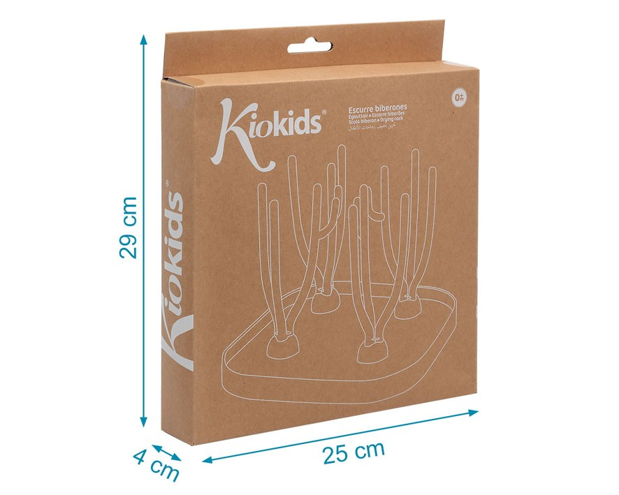 Embalagem de escorredor de louça Kiokids em papelão castanho com desenhos e texto branco.