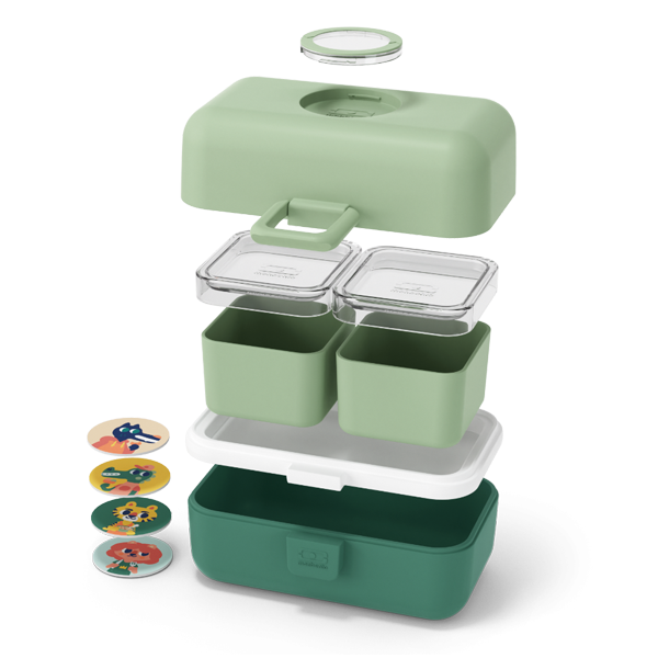 Conjunto de recipientes verdes empilhados com discos ilustrados ao lado