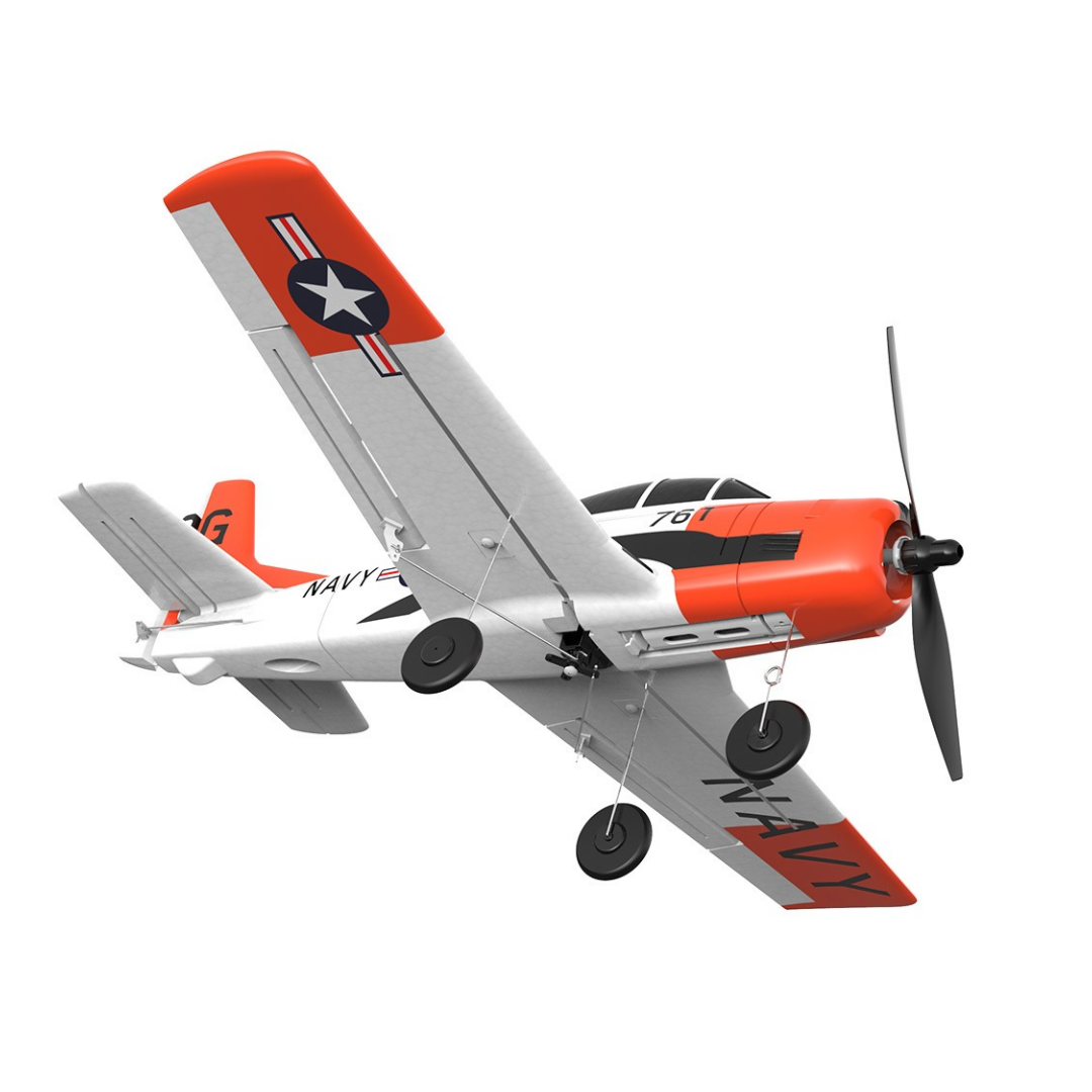 Avião telecomandado branco e laranja com hélice e símbolos navais