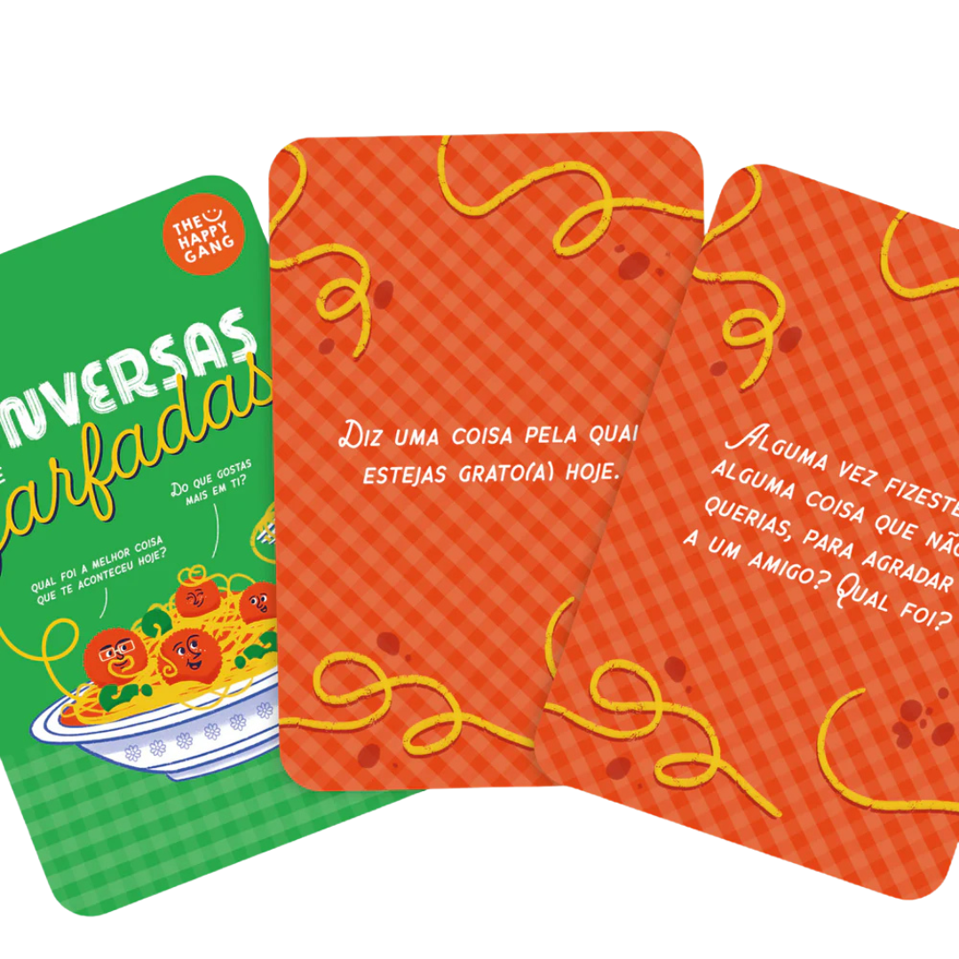 Cartas de jogo Conversas Esparfadas com tema esparguete e almôndegas e perguntas em português.