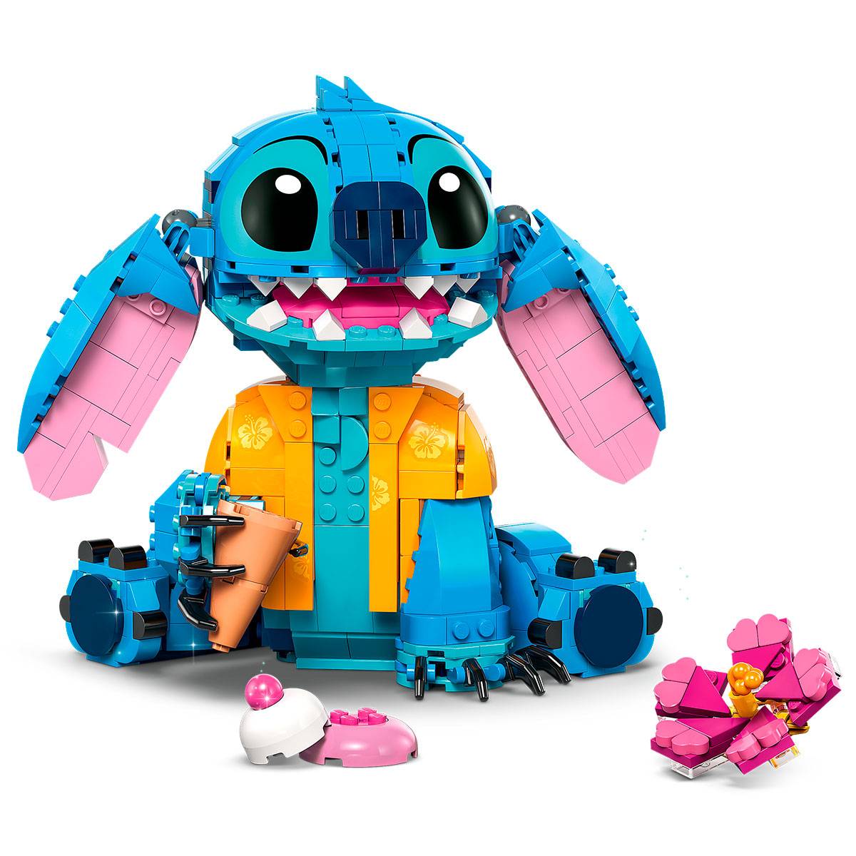 Figura de brinquedo Stitch azul e laranja feita com blocos de construção