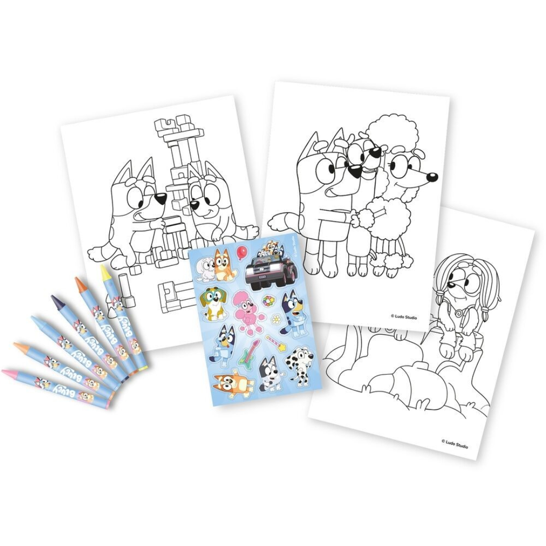 Folhas para colorir, lápis de cor e autocolantes com desenhos de cães e personagens animados