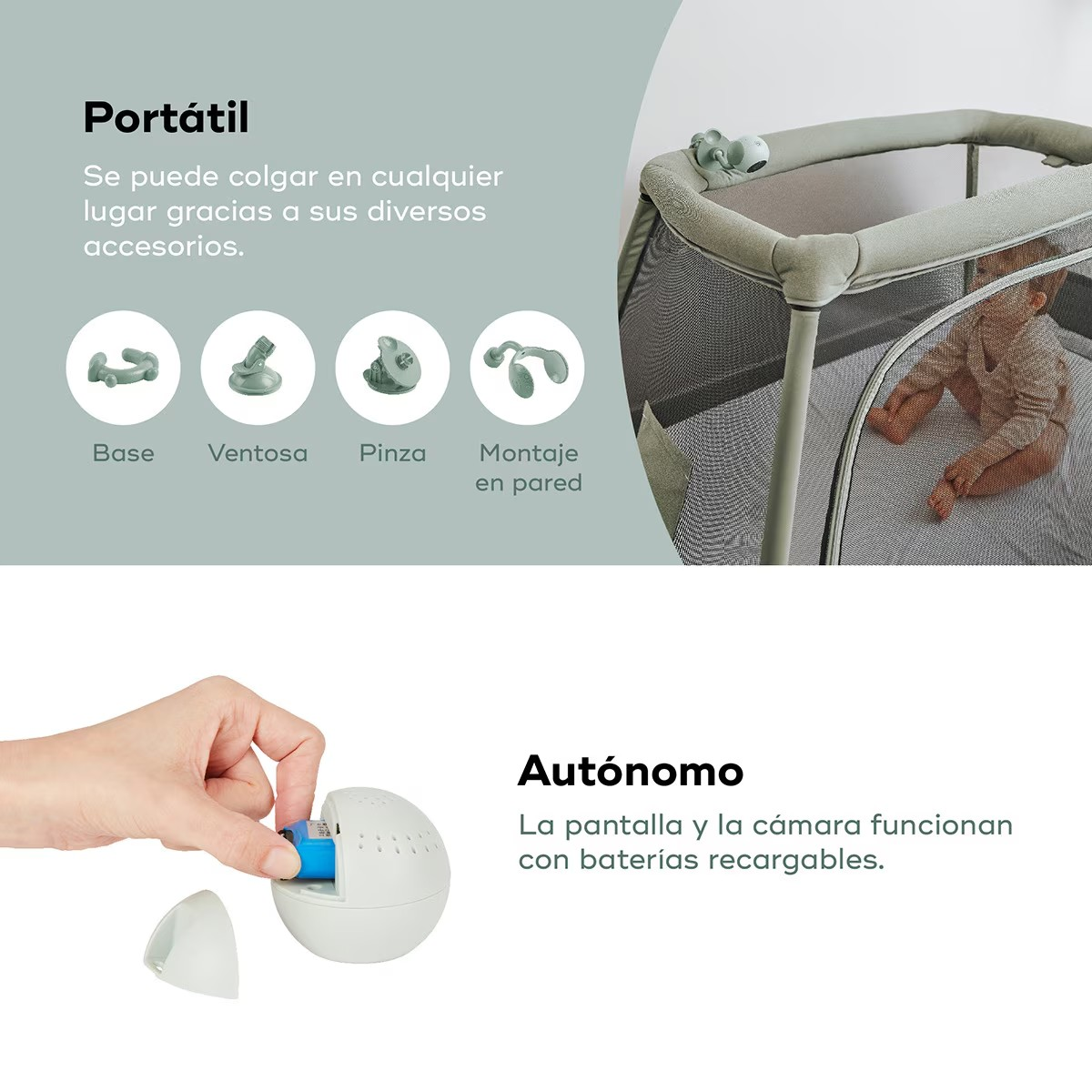 Berço portátil bege com bebé dentro e dispositivo esférico branco com tampa azul removível numa mão