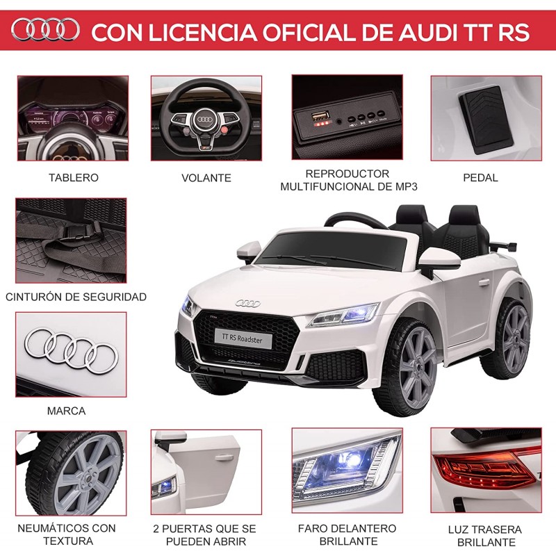 Carro de brinquedo elétrico branco Audi TT RS com vários detalhes destacados