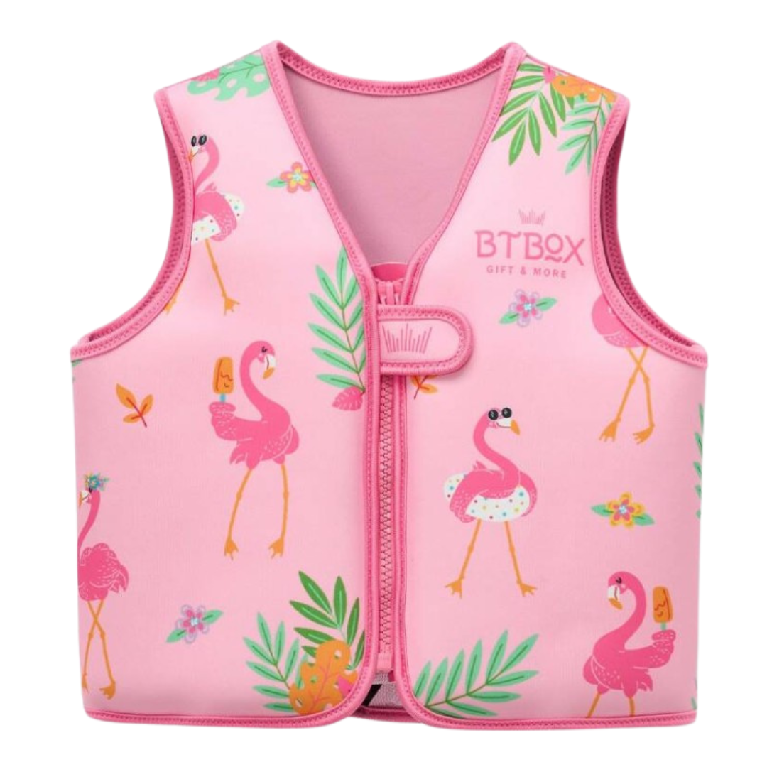 Colete salva-vidas infantil rosa com estampa de flamingos e folhas verdes.