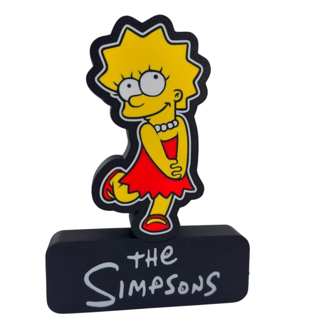 Figura de Lisa Simpsons em cores vivas com base preta e texto THE SIMPSONS