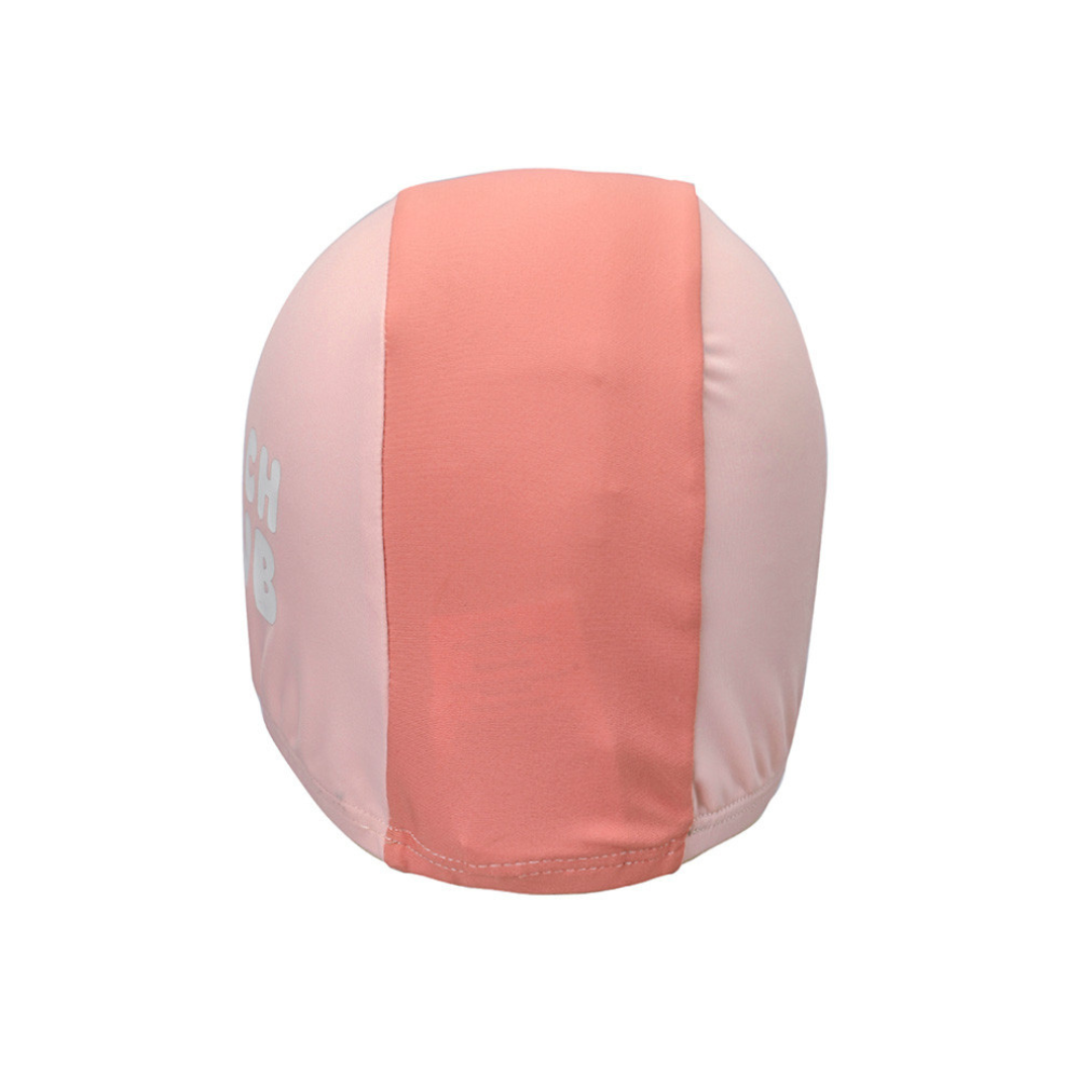 Touca de banho rosa com risca salmão vertical.