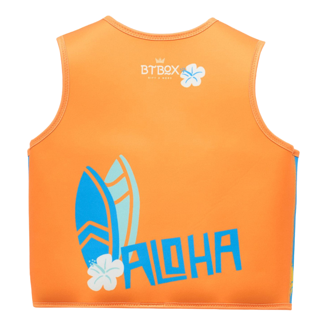 Colete laranja infantil com estampado de pranchas e texto ALOHA
