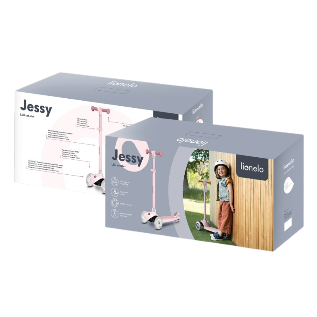 Caixa de patinete infantil rosa Lionelo Jessy com foto de criança a usar capacete e patinete