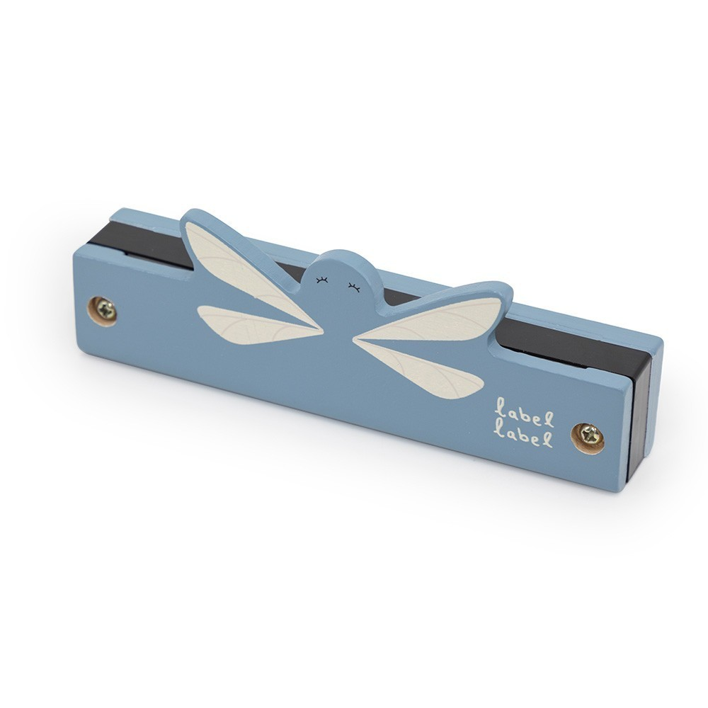 Prendedor de papel azul com desenho de inseto e texto label label