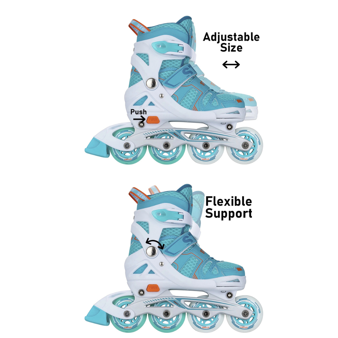 Patins em linha ajustáveis de tamanho em azul claro e branco