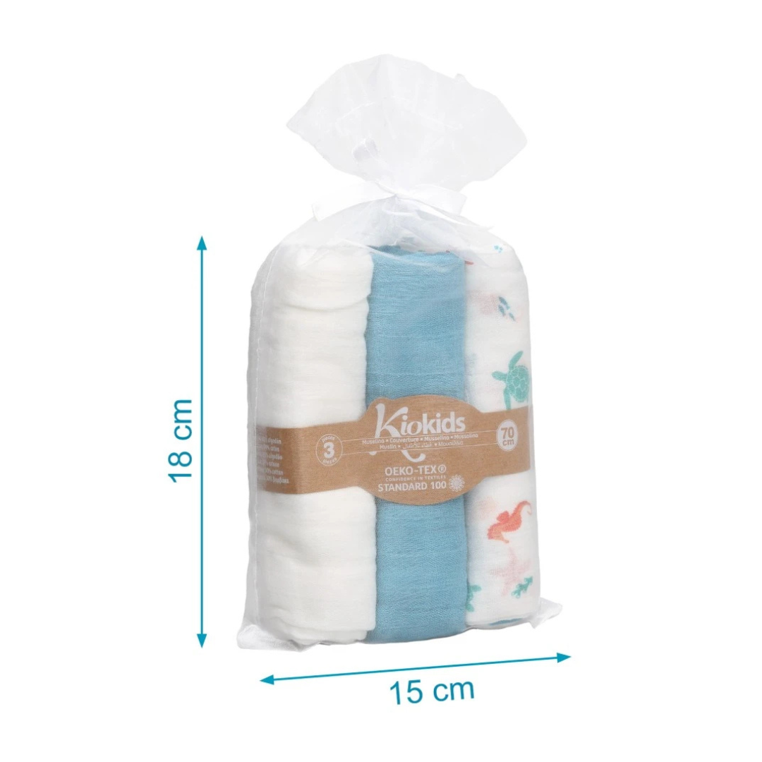 Conjunto três toalhas de musselina para bebé com padrão marinho embaladas