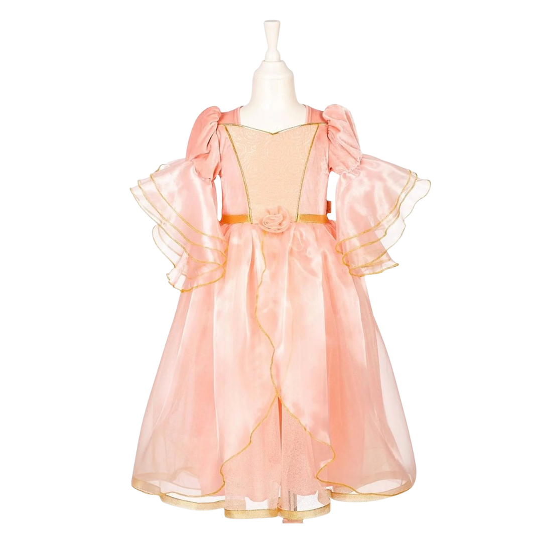 Vestido de criança rosa com organza e detalhes dourados em manequim branco