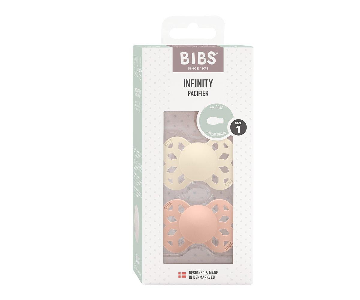 Pack de 2 chupetas BIBS Infinity bege e rosa em embalagem branca com pontos cinzentos