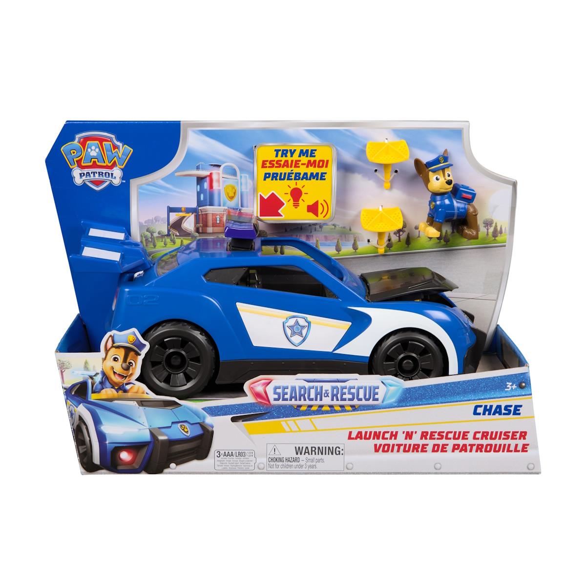 Brinquedo carro azul e branco Paw Patrol Chase na embalagem
