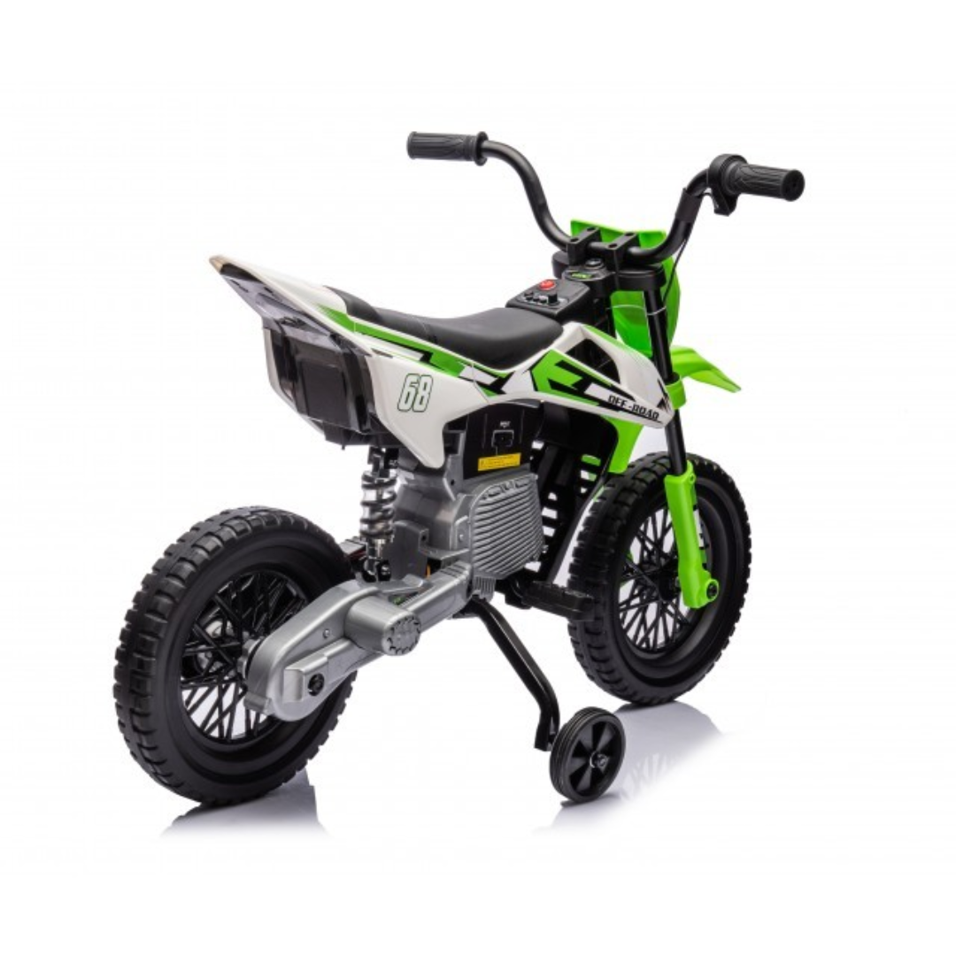 Mini moto infantil verde, branca e preta com rodas de treino