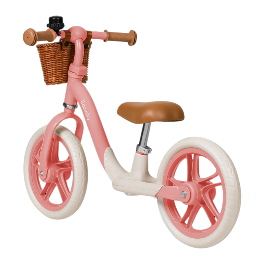 Bicicleta de equilíbrio infantil rosa e branco com cesto castanho e campainha preta