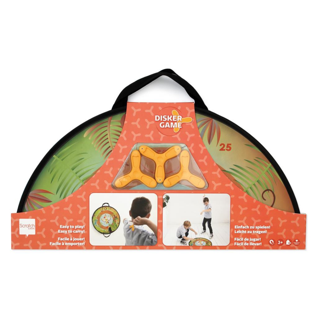 Jogo Disker Game com discos amarelos e embalagem laranja com texto e imagens de crianças a jogar