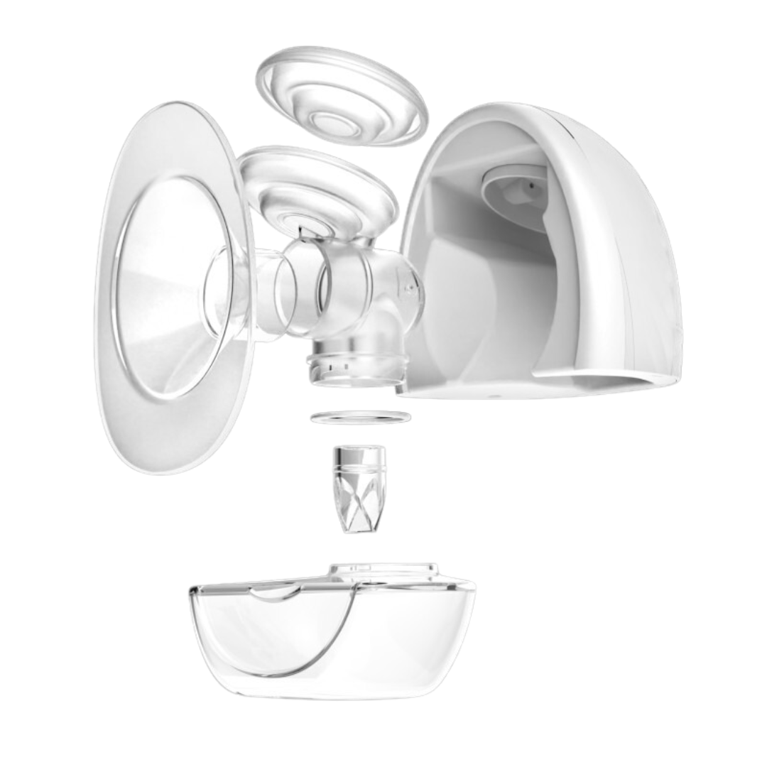 Extrator de leite elétrico branco desmontado com peças transparentes