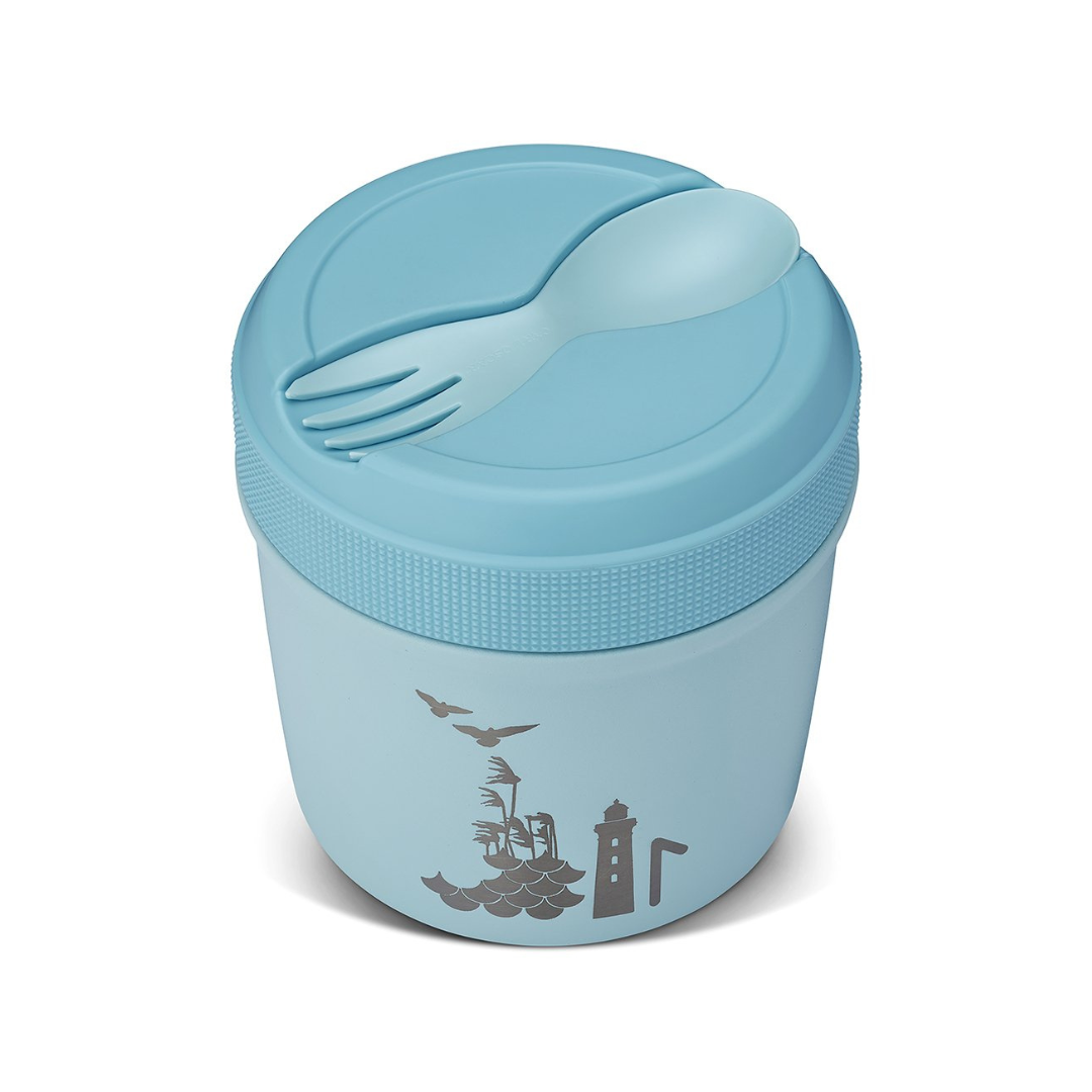 Recipiente azul claro com tampa e talher embutido com estampa náutica cinza