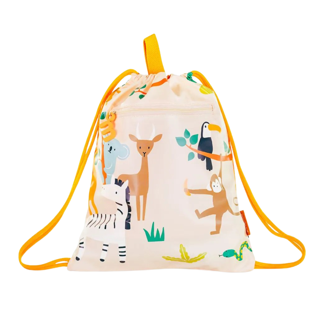 Mochila de cordão bege com desenhos de animais coloridos e cordões amarelos