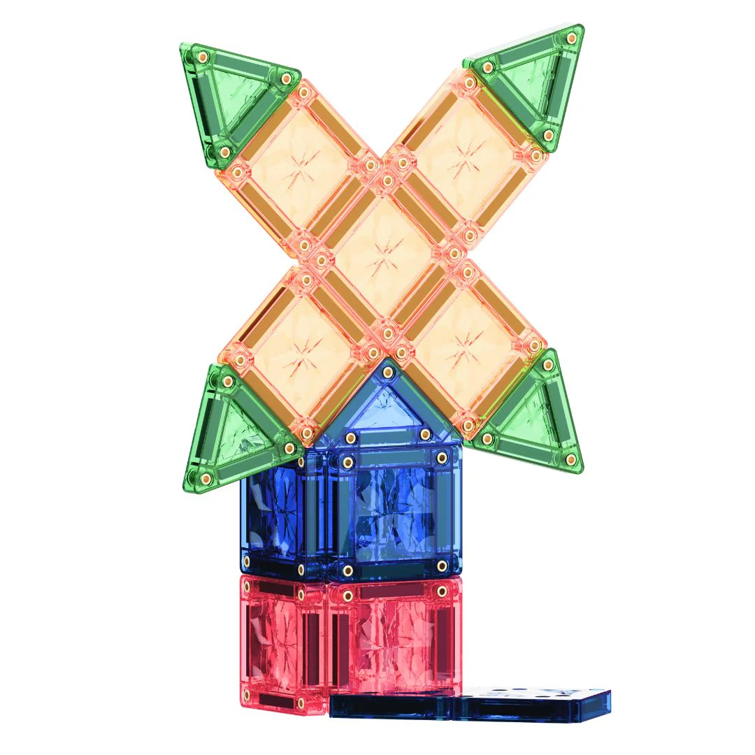 Brinquedo de blocos magnéticos coloridos empilhados em forma de moinho