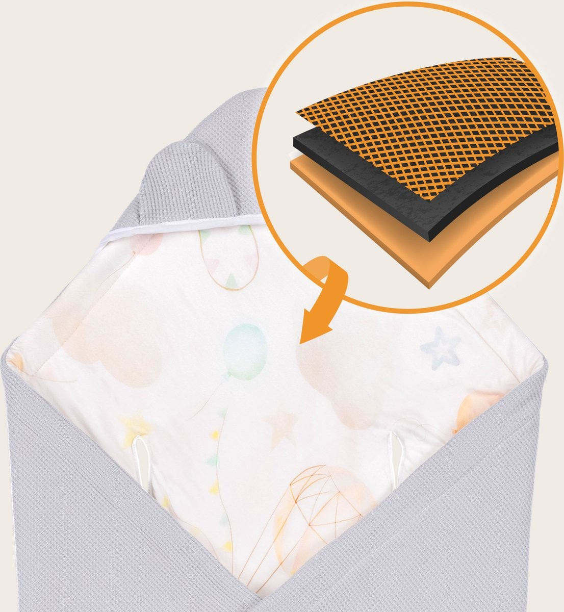 Toalha de banho cinza com capuz para bebé e interior estampado colorido