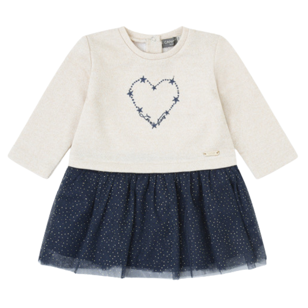 Vestido infantil creme com coração azul bordado e saia azul escura com pontos dourados