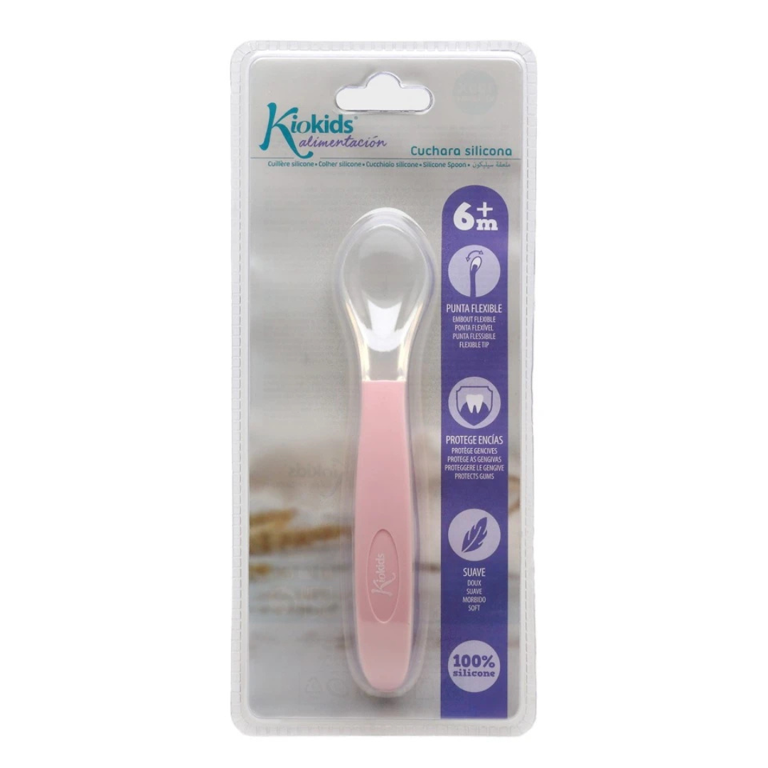 Colher de silicone rosa para bebés em embalagem transparente com texto informativo