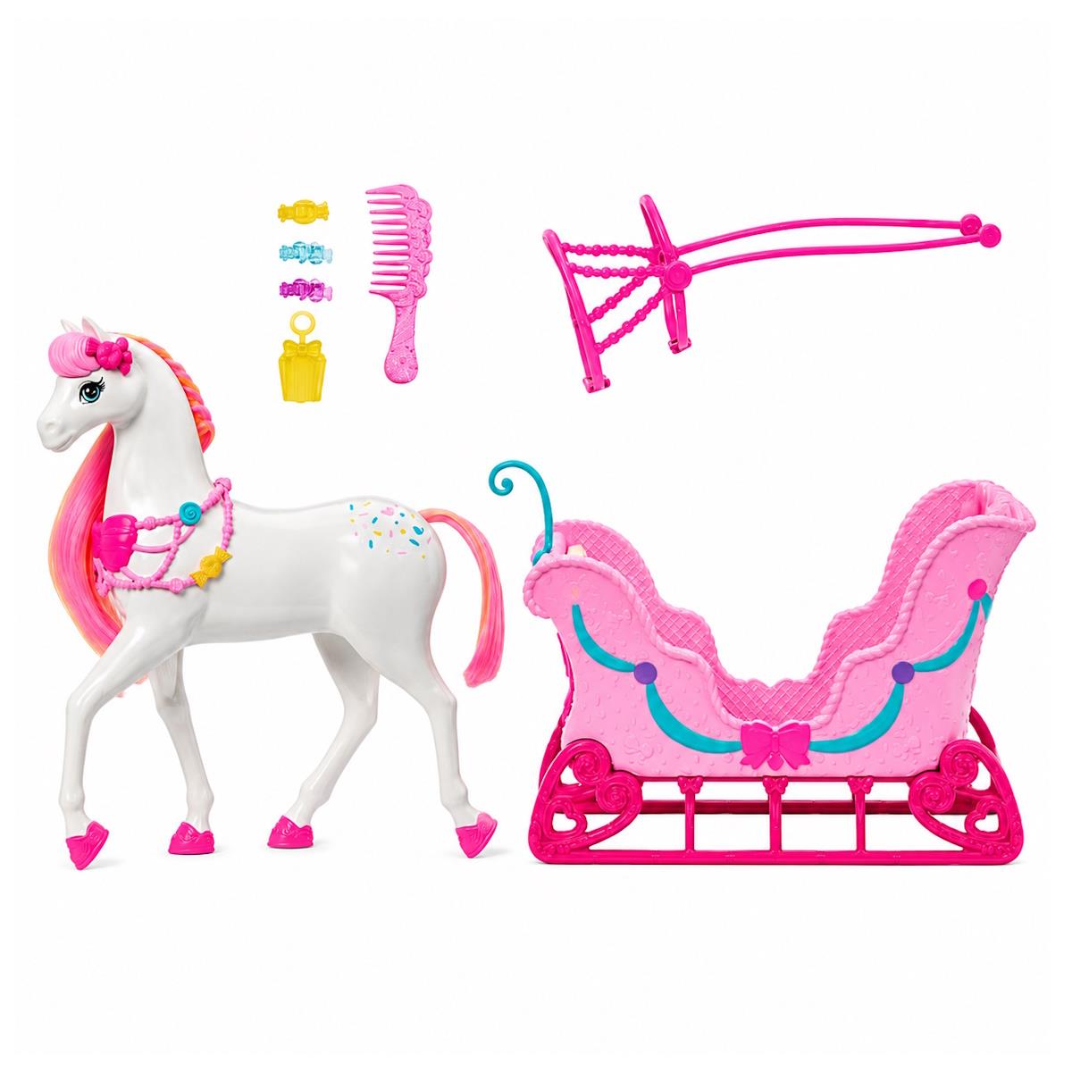 Brinquedo de cavalo branco com crina rosa e trenó rosa com acessórios
