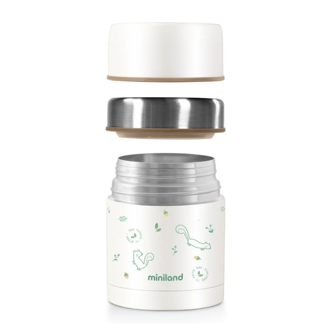 Pote térmico de aço inoxidável com tampa branca e decoração verde