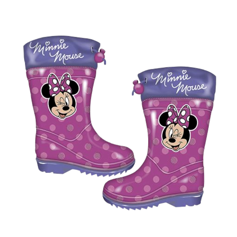 Galochas rosa com estampa da Minnie Mouse e texto 'Minnie Mouse' na parte superior