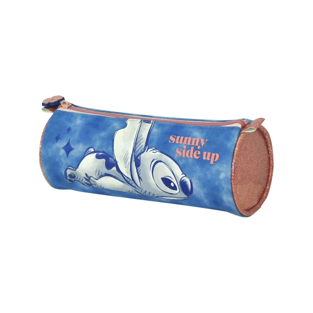 Estojo cilíndrico azul com personagem animado e texto 'sunny side up'