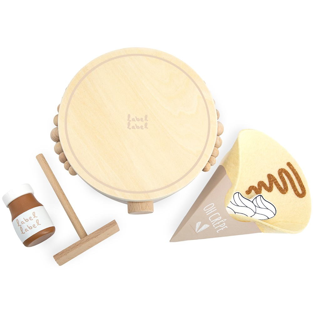 Conjunto de brinquedos de madeira com tambor, baqueta, frasco e molde de gelado em tons naturais e amarelo