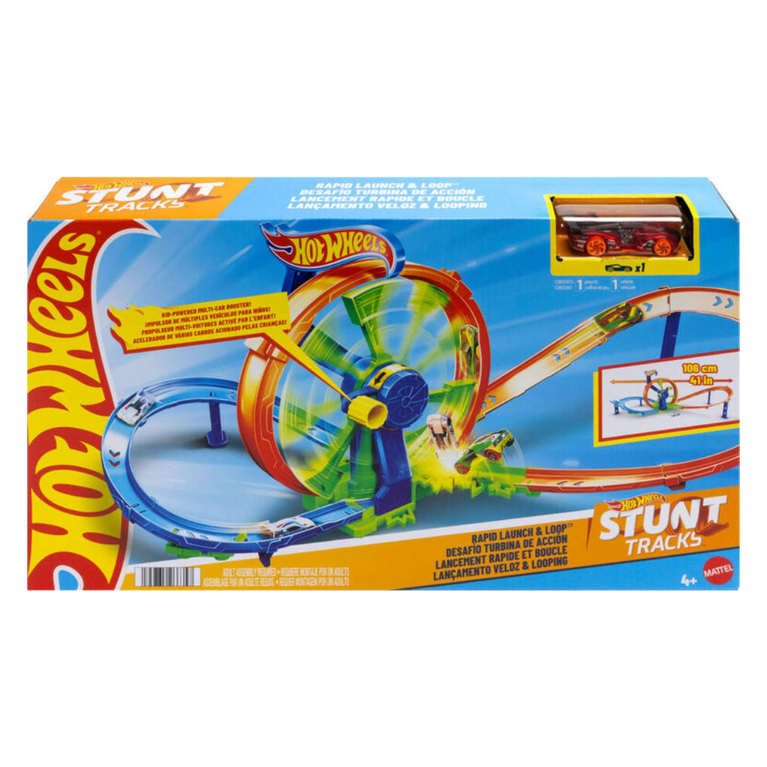 Caixa de brinquedo Hot Wheels STUNT TRACKS com pista e carrinho vermelho