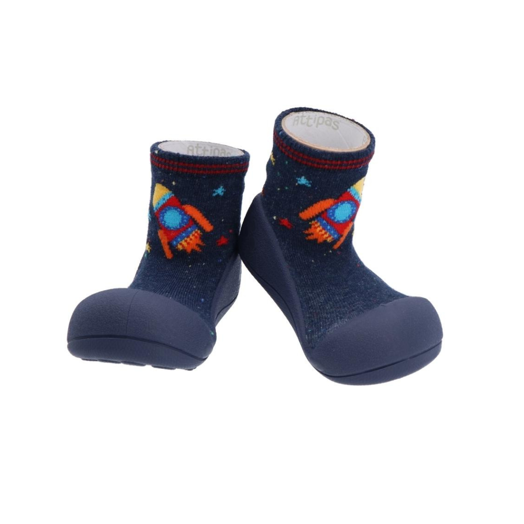 Pantufas azuis para bebé com desenho de foguete colorido