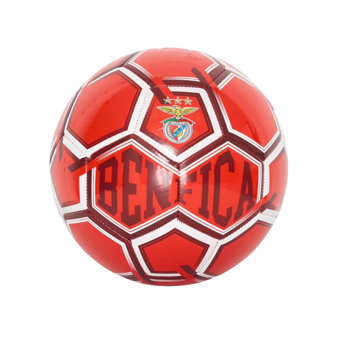 Bola de futebol vermelha com logo e texto Benfica