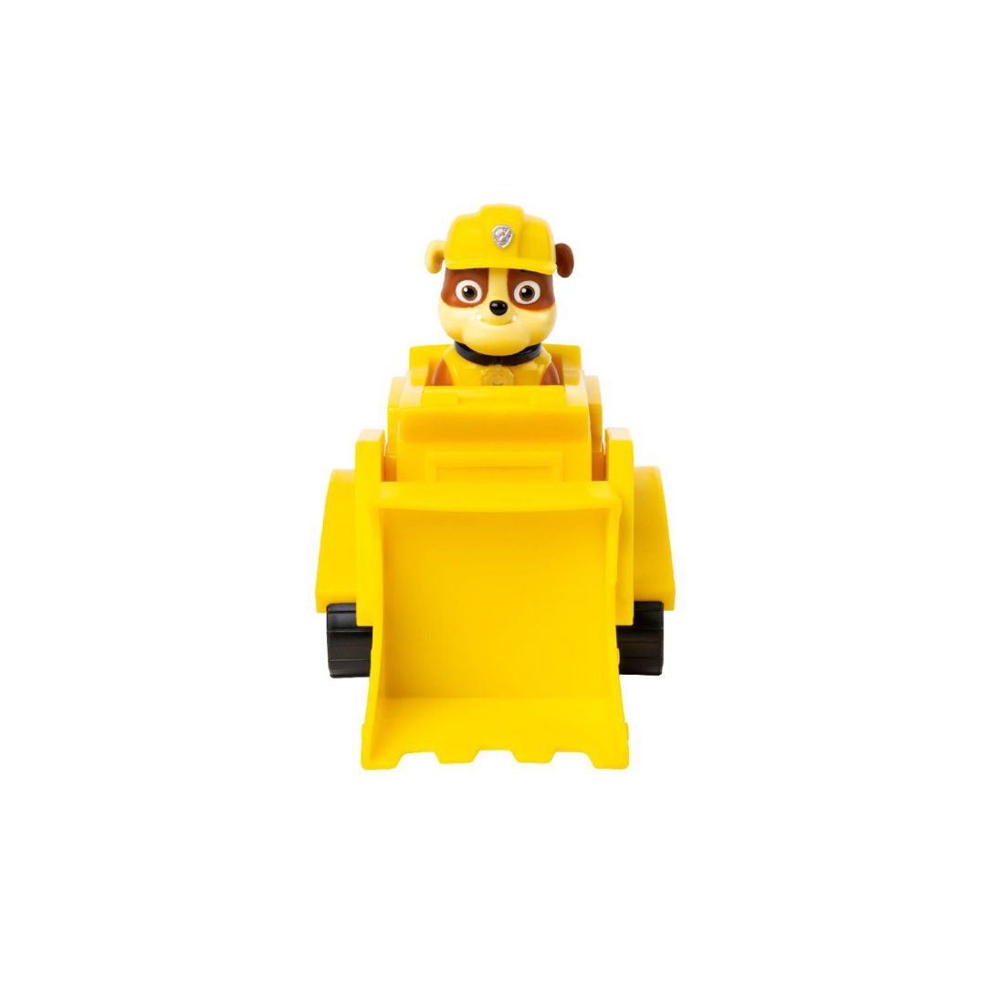 Brinquedo bulldozer amarelo com personagem canino com capacete