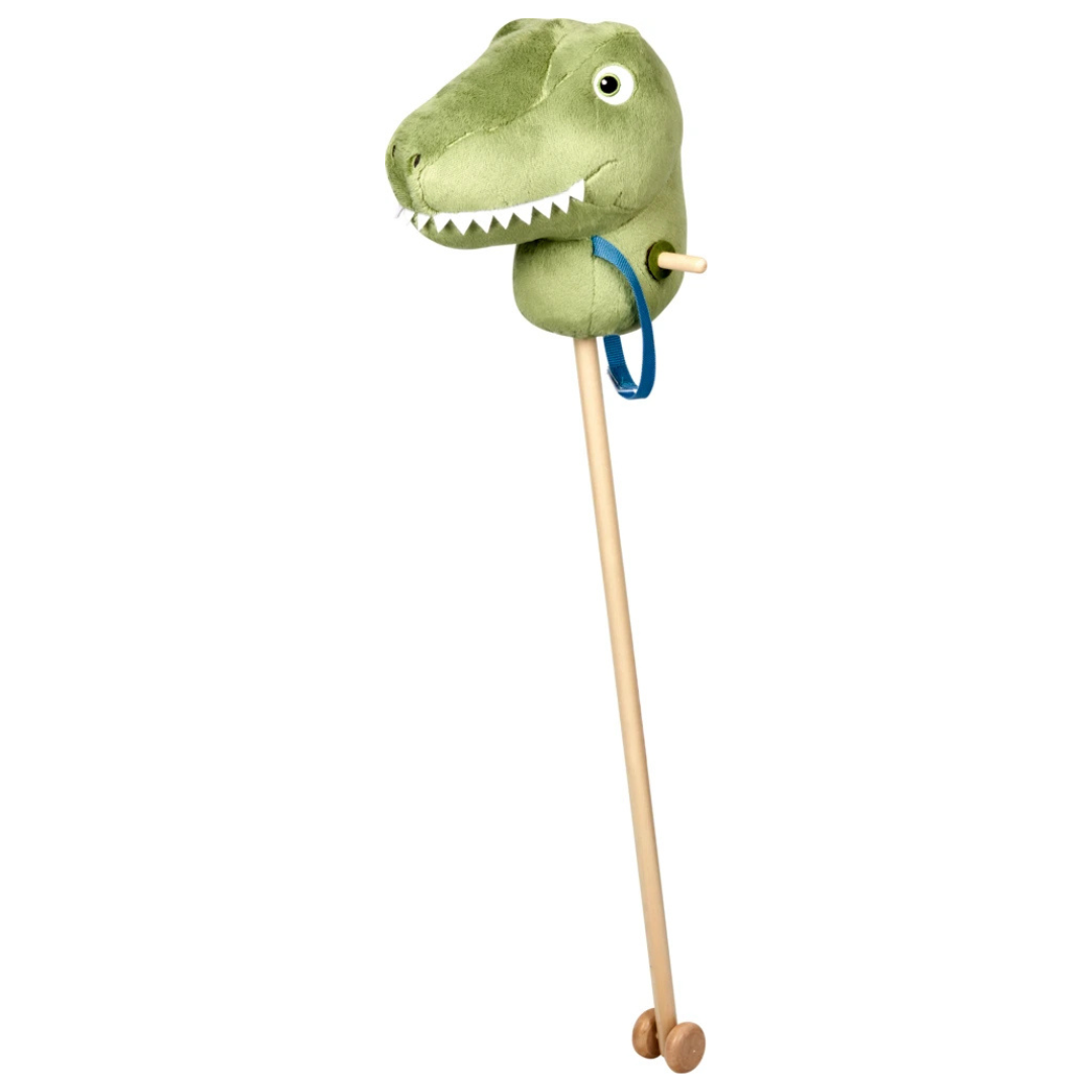 Brinquedo tipo pezinho com cabeça de dinossauro verde e haste de madeira com rodas