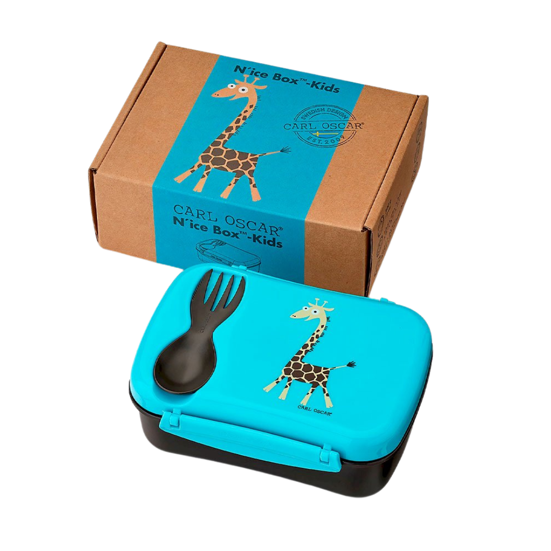 Lancheira azul e preta para crianças com desenho de girafa e embalagem de cartão