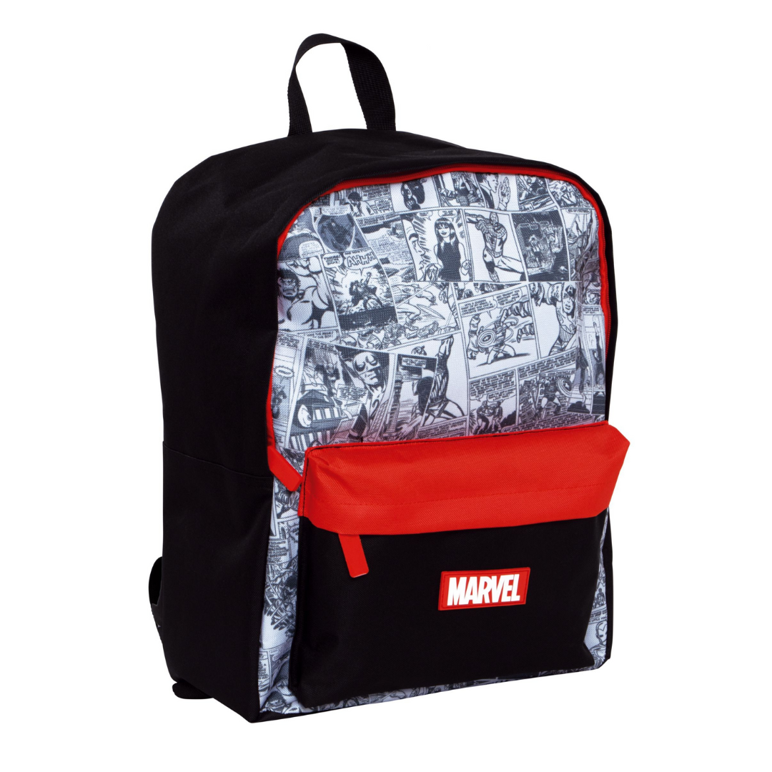 Mochila preta e vermelha com padrão de quadrinhos Marvel em preto e branco